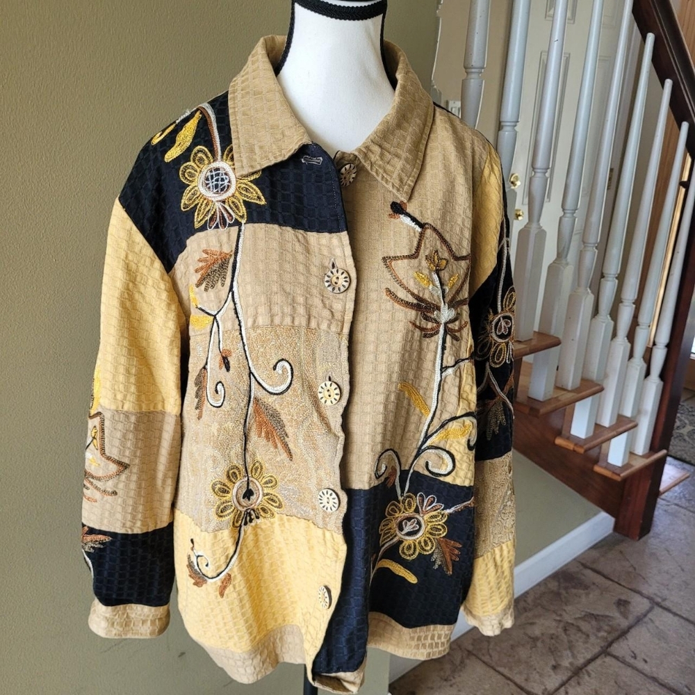 VTG Indigo Moon Sunflower Patchwork Tapestry Jacket Size L Boho Hippie